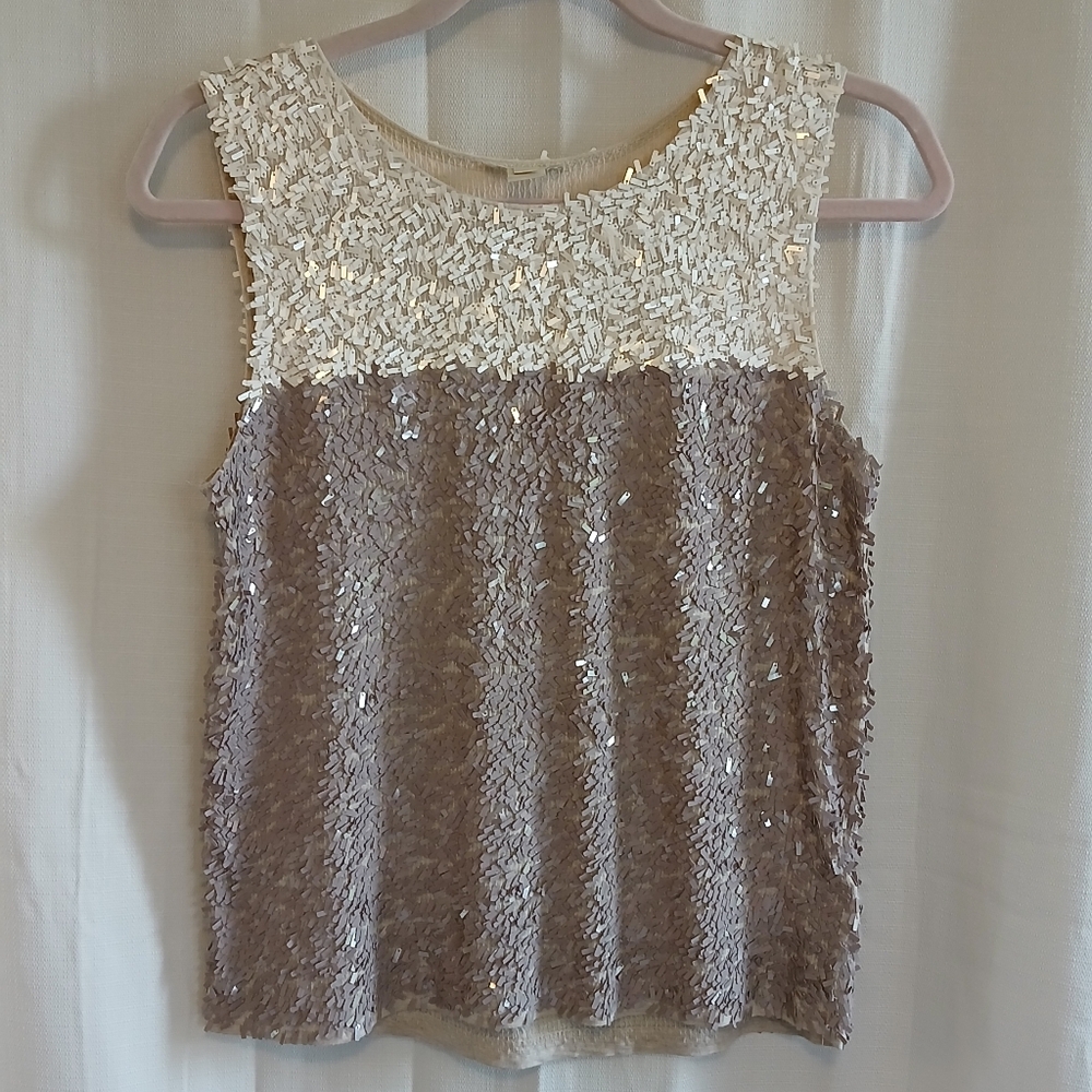 J. Crew Cream and Brown Sequin Sleeveless Tank Top